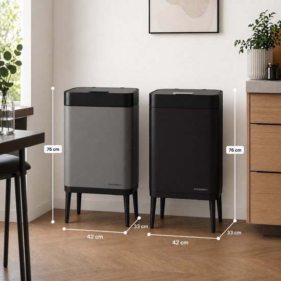 Abfallbehälter mit 60-Liter-Fach – inklusive 2x 30-Liter-Abfalltrennringen – Edelstahl – Schwarz – 42 x 33 x 76 cm – STAUS&BACH Nuvio