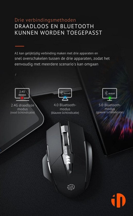 HyperClaw Elementkey Gaming Maus - 2 in 1 Bluetooth 5.0/4.0 + 2.4Ghz - 6-Tasten Design - 1000/1200/1600DPI - Batterieanzeige - Schwarz