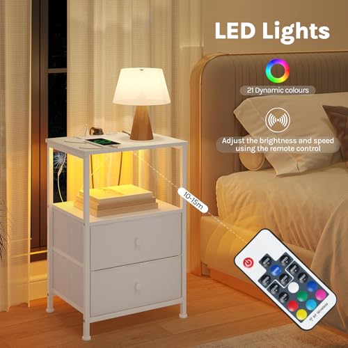 Woltu Nachttisch mit Ladestation und LED-Beleuchtung - Weiß - 2er-Set