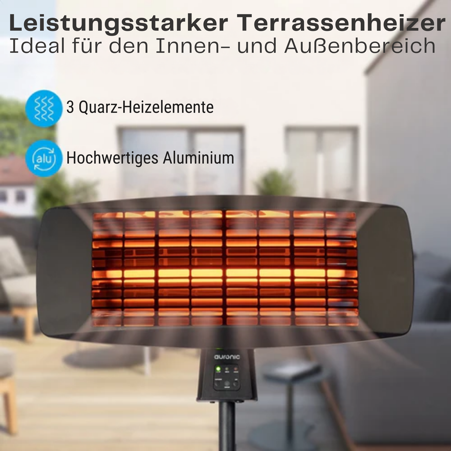 Auronic Terrassenheizer - 2000W - Hängeleuchte und Standfuß - Inkl. Fernbedienung - 3 Stufen - Schwarz