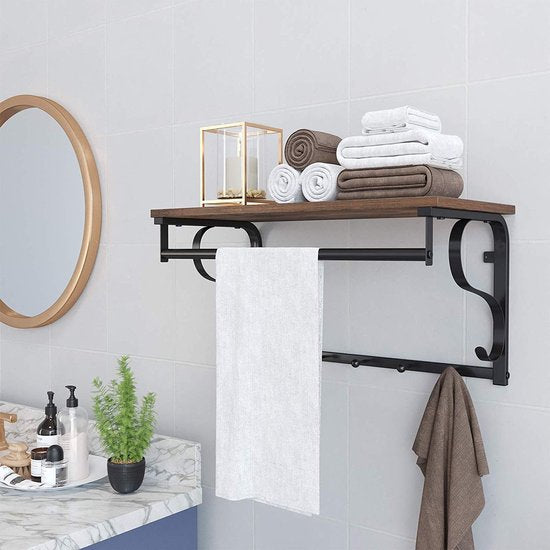OSKAR Wandgarderobe 60 x 30 x 31,7 cm – Ablage/5 Haken/Kleiderstange – Rustikales Braun/Schwarz
