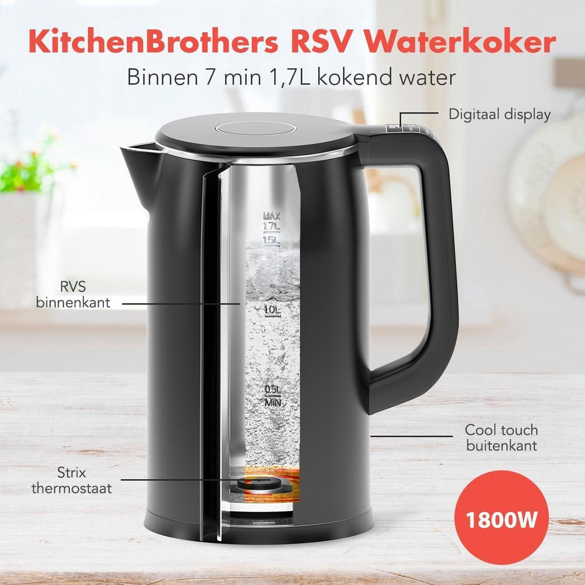 KitchenBrothers Elektrischer Wasserkocher - 1.7L - Temperaturregelung - 1800W - Edelstahl - Schwarz