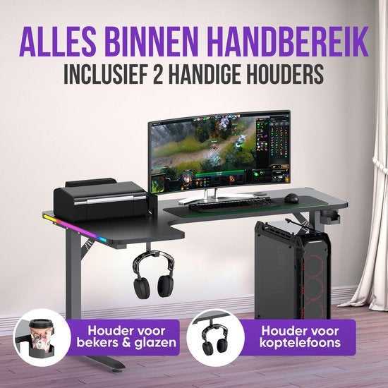 Avalo - Gaming Desk & L-Shaped Corner Desk - 160x100x75 cm - Mit RGB-LED-Beleuchtung - Becherhalter & Headset-Haken - Edelstahl & ABS - Schwarz