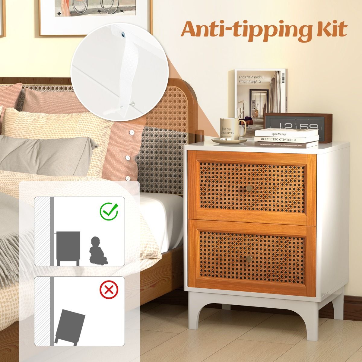 Coast Rattan Nachttisch Boho Weiß & Braun 46x33x59,5 cm mit 2 handgeflochtenen Schubladen