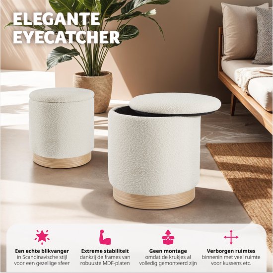 tectake® - 2er-Set Hocker mit Ablage - Bouclé-Teddy-Stoff - Scandi - Polsterhocker rund - Für Schminktisch, Schlafzimmer, Wohnzimmer - 2 Größen (38 und 32cm)