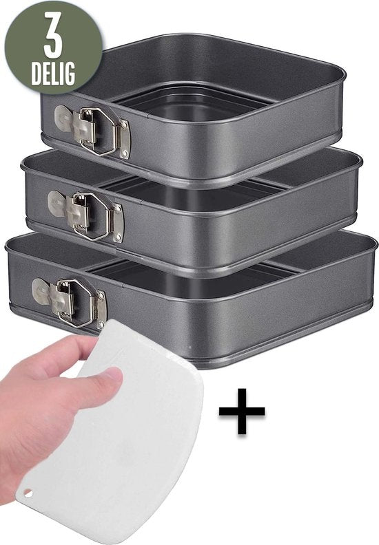 COOCK 3-tlg. Backblech-Set Quadratisch - Springform - Kuchenblech Rechteckig mit Antihaftbeschichtung - 24 bis 28 cm Durchmesser - Kuchenform Inkl. Teigschaber & E-Book