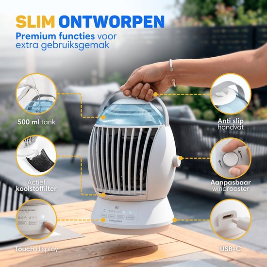 Vulpes Goods® Tech – Mini-Klimaanlage ELITE – Mobiler Luftkühler mit Fernbedienung – 6-in-1-Luftkühler – 3 Luftbefeuchtungsstufen mit Schwenkfunktion – 3 Windgeschwindigkeiten – 100 % auslaufsicher – Inkl. Kabel und Adapter im Lieferumfang enthalten – Für