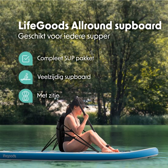 LifeGoods PaddlePro SUP Board - mit Sitz - Aufblasbares Paddle Board - Komplettset - Max. 135KG - 320x81cm - Weiß/Himmelblau