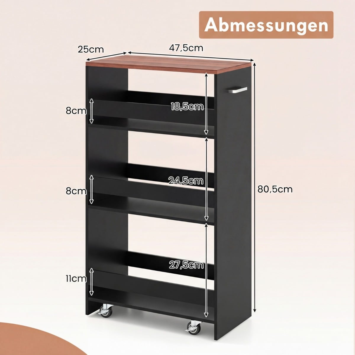 Coast schmaler Küchenwagen – 4-stöckiger Aufbewahrungswagen auf Rädern, 47,5 x 25 x 80,5 cm – Schwarz/Braun