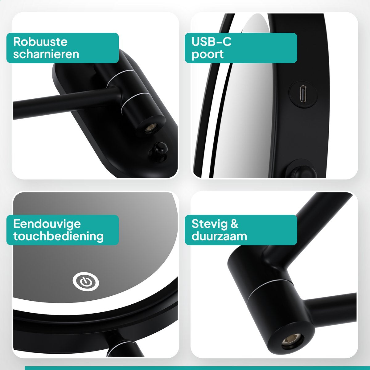 Mirlux Make-up-Spiegel mit LED-Beleuchtung - 20 cm - Wiederaufladbar - 1x & 5x Vergrößerung - Schwarz - Rasier- und Badezimmerspiegel