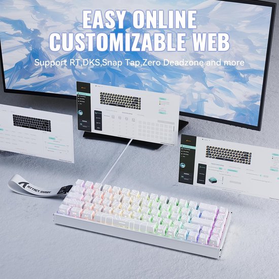 ATTACK SHARK X68MAX HE – Kabelgebundene Gaming-Tastatur mit Magnetschalter – CNC-gefrästes Aluminium – 68 Tasten – RGB – PBT-Tasten mit seitlicher Beschriftung – Dekorative Tastenkabel – 8 kHz – 0,005 mm RT – 0,08 ms – Weiße Umrandung