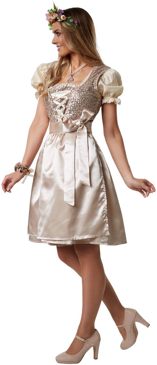 Dressforfun - Mini Dirndl Burgau Modell 1 - Eng anliegendes kurzes Dirndl in Beige mit Pailletten und glänzendem Satin - Größe XL