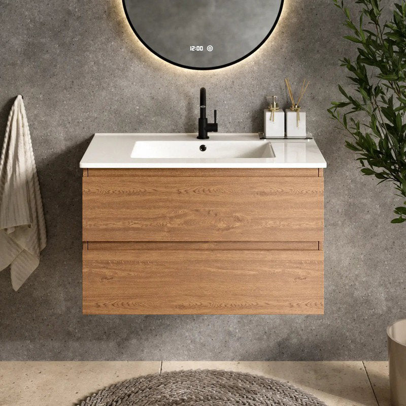 Mirlux Badezimmerschrank Luma 80 cm – Warme Eiche – Weißes Waschbecken