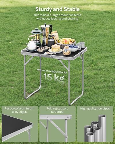 Woltu Faltbarer Campingtisch Aluminium und MDF Schwarz 70 x 60 x 50 cm