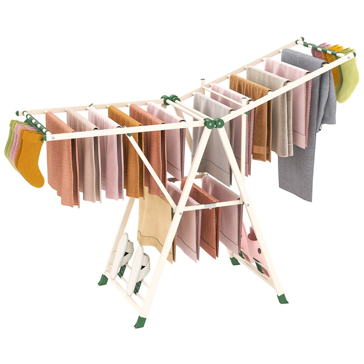 Coast Klappbarer Wäscheständer – verstellbare Arme – Sockenklammern und Schuhablagen – weiß/beige 163 cm