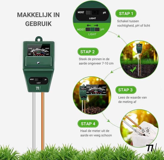 TIKKENS® Bodenfeuchtemessgerät Pflanzen - Pflanzenfeuchtemessgerät - pH- und Lichtmessgerät - 3 in 1 - Blumen/Pflanzen - Garten-Bodentests - Feuchtemessgeräte