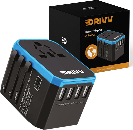 Drivv. Universeller Weltstecker – 4x USB & 1x USB-C-Schnelllade-Reiseadapter – Reisestecker für Amerika / England / Großbritannien / Kanada / Afrika / Japan / Mexiko / Thailand / Südamerika – Typ A, B, C, E, F, G, I, J, L, N – über 150 Länder – Reiseadapt
