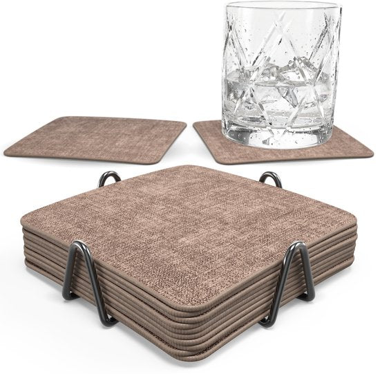 Castagnola Untersetzer aus Kunstleder – Untersetzer für Gläser – Design-Untersetzer mit Halter – Untersetzer-Set aus Kunstleder mit Metallhalter – Leder – 10er-Set – Braun meliert – 10 x 10 cm