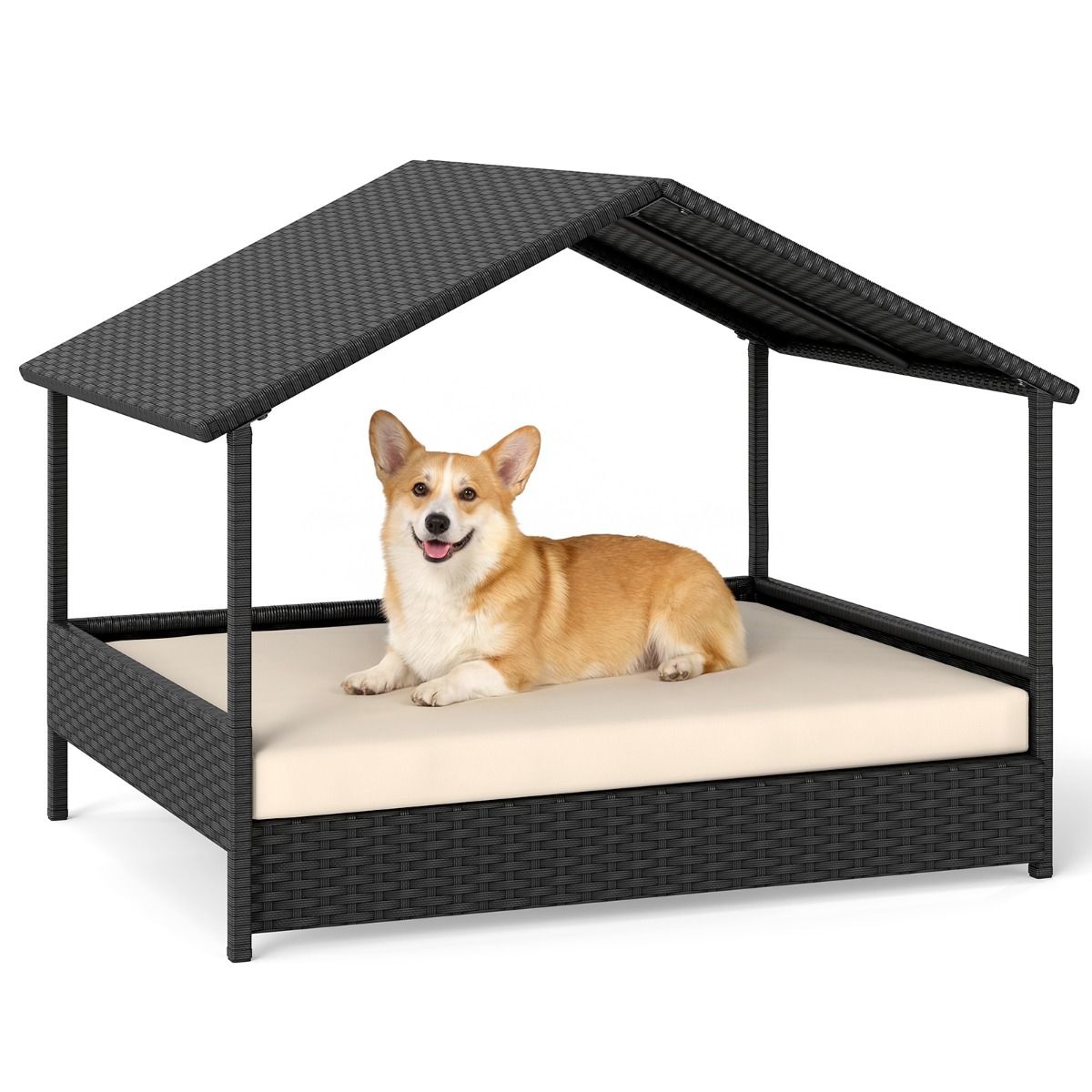 Coast Hundekorb mit Baldachin – Erhöhte Rattan-Hundecouch – Inklusive Kissen – Beige