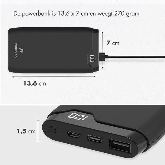 imoshion® Powerbank 10000 mAh - Schnellladegerät 18W - Power Delivery - USB C & USB A - Geeignet für Apple iPhone und Samsung, u.a. - Schwarz