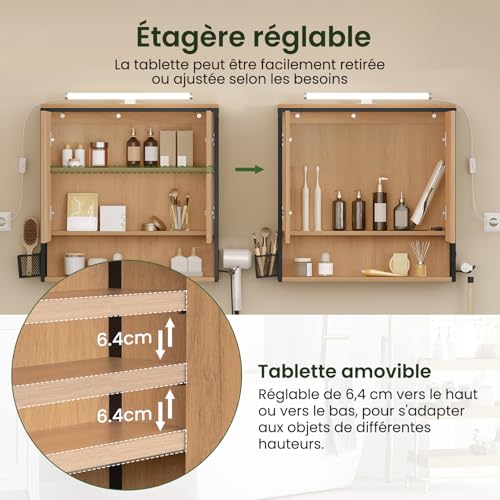 Eugad Badezimmerschrank mit LED-Spiegelleuchte Eiche Schwarz 70 x 14,5 x 70 cm
