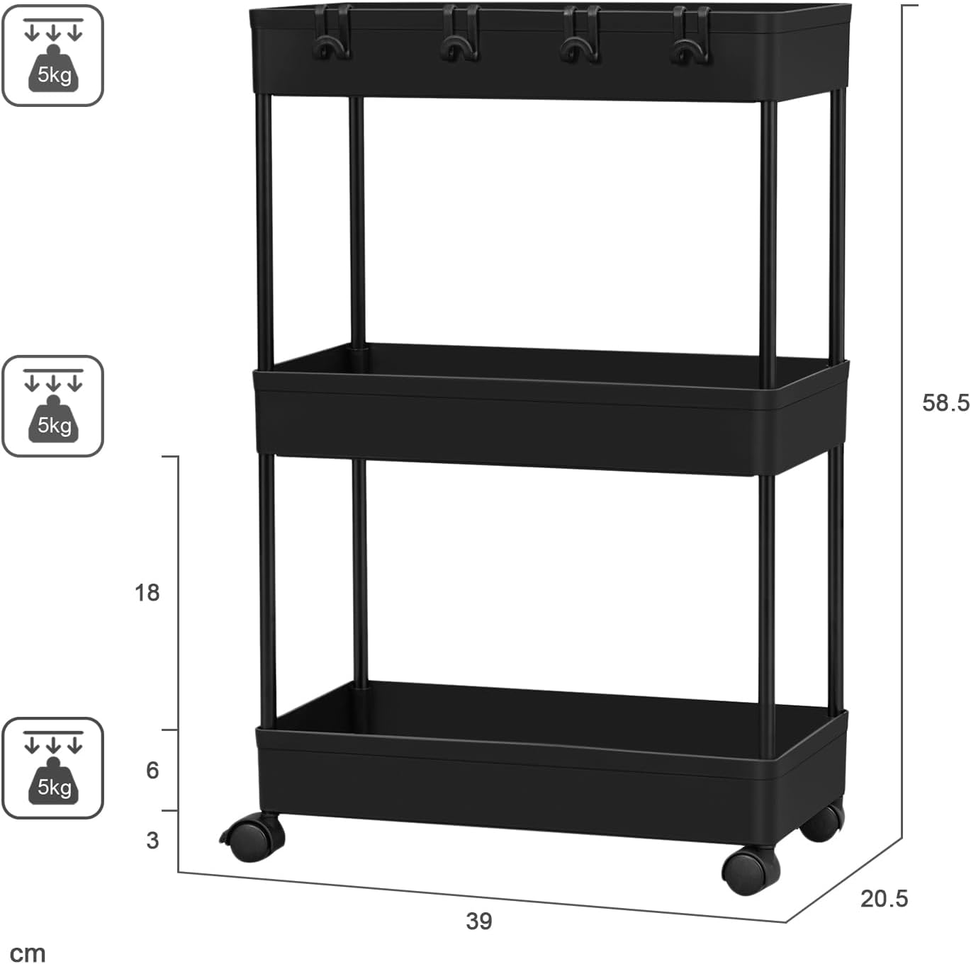 Klihome Aufbewahrungswagen, 3-stöckig – 39 x 20,5 x 58,5 cm – fahrbar – bis zu 15 kg
