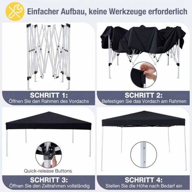 Coast Pop-Up-Partyzelt 290 × 290 cm – Zusammenklappbarer Pavillon mit 3 Höhenstufen, Tragetasche, Abspannleinen und Heringe – Schwarz