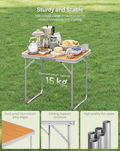 Woltu Faltbarer Campingtisch MDF und Aluminium - Leichter Garten- und Picknicktisch 70 x 60 x 50 cm Eiche