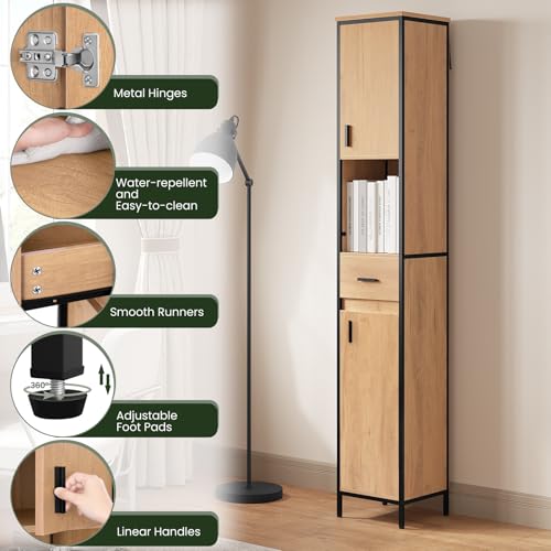 Eugad Narrow Tall Bathroom Cabinet mit Schublade und offenem Fach - Helle Eiche/Schwarz - 30 x 180 x 30 cm