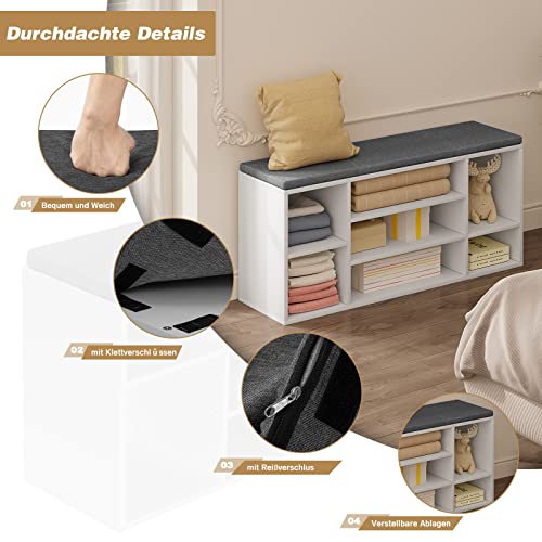 Woltu Schuhbank mit 7 Fächern - Holzschuhregal mit Sitz und Kissen - Weiß mit Grau - 103,5 x 48 x 30 cm