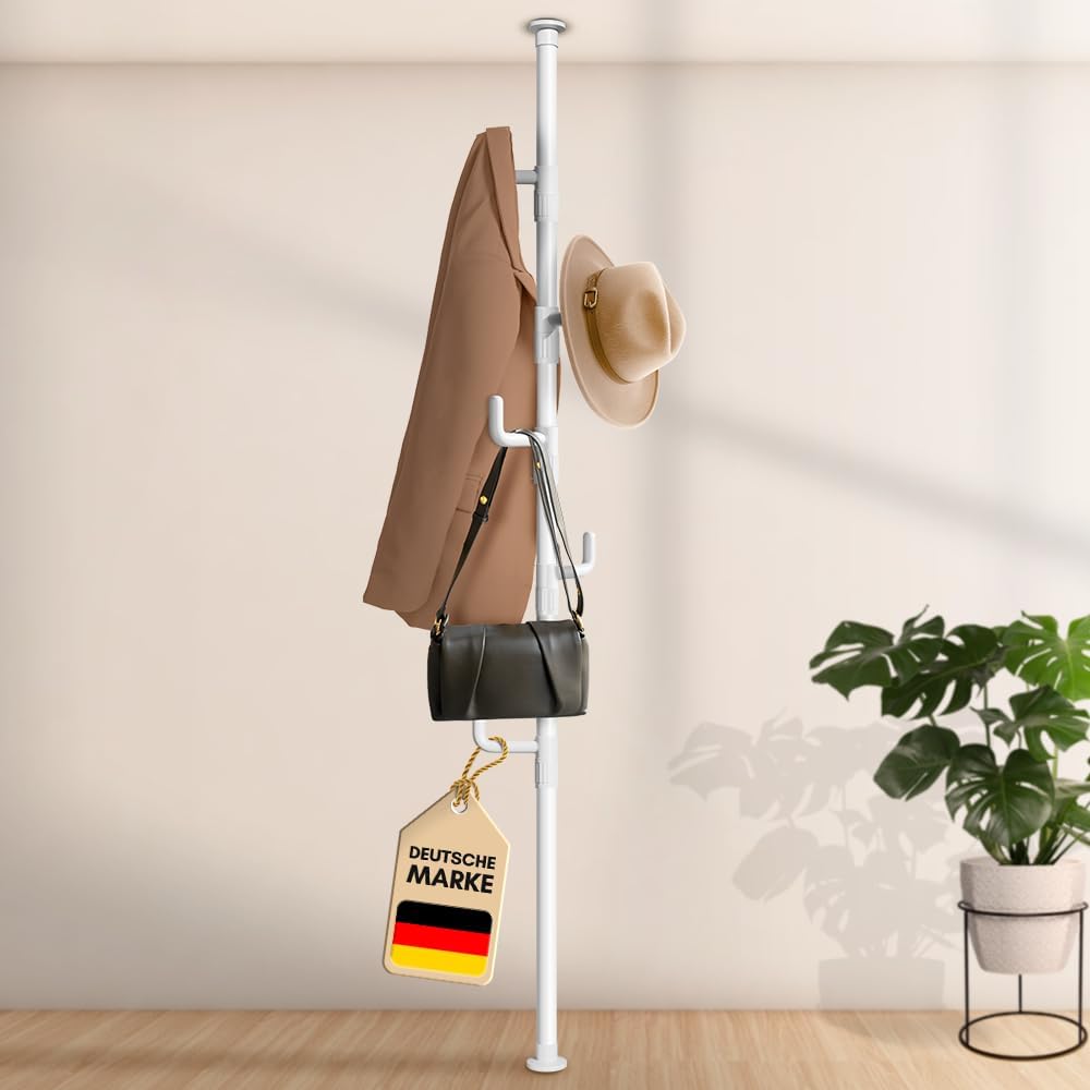 LOBUX® - Garderobenständer ausziehbar, 5 Haken [weiß, 110-310cm] - Teleskop-Garderobenständer stabil - platzsparender Metall-Garderobenständer - Dienerschaftständer Schlafzimmer - Flurgarderobe - Kleiderständer Balkon