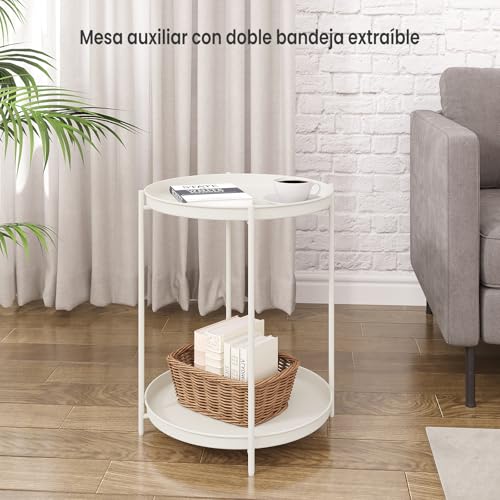 Woltu Runder Beistelltisch mit 2 herausnehmbaren Ablagen - Metall, Creme - Ø44 cm, Höhe 57 cm