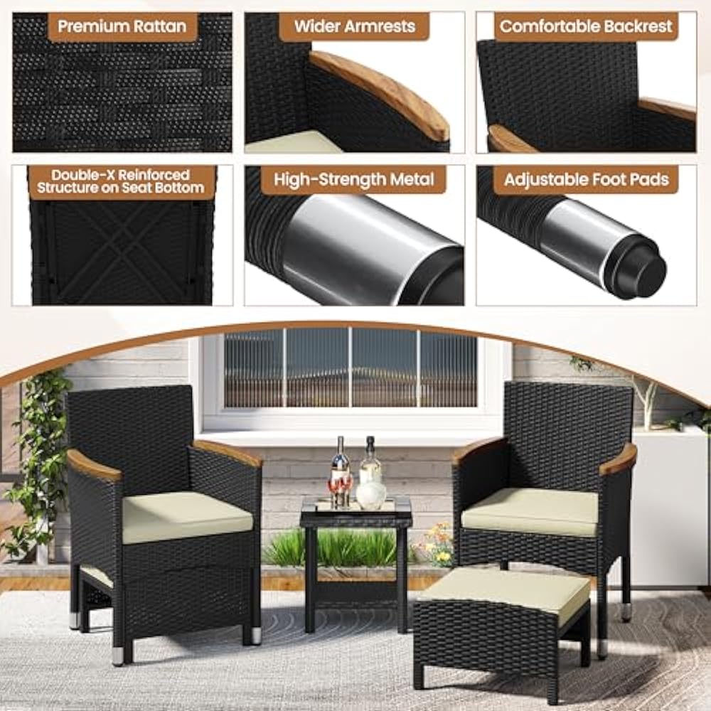 Yaheetech 5-teiliges Lounge Set Schwarz/Beige - PE Rattan - Stuhl 62 x 61,5 x 84,5 cm - Mit Tisch und Fußhockern