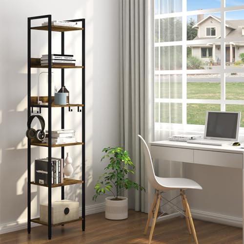 Woltu Industrielles Bücherregal 6 Fachböden mit 4 herausnehmbaren Haken - Schwarzes Metall und dunkle Eiche - 40 x 30 x 187 cm
