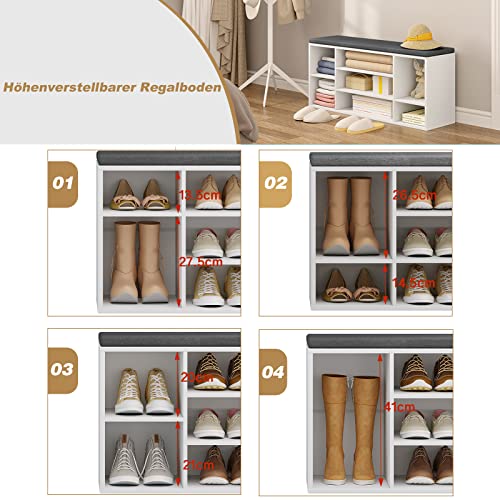 Woltu Schuhbank mit 7 Fächern - Holzschuhregal mit Sitz und Kissen - Weiß mit Grau - 103,5 x 48 x 30 cm