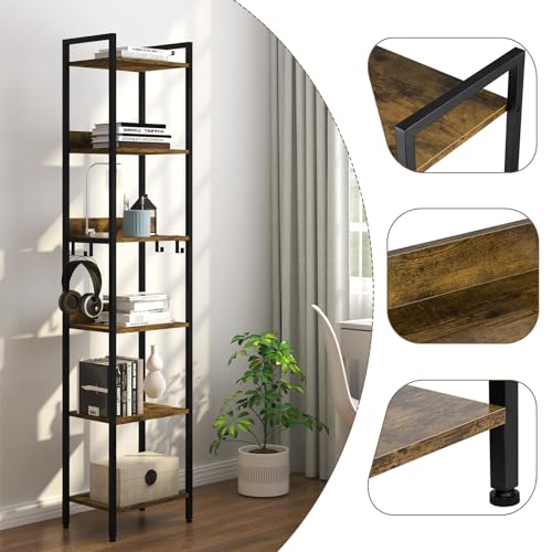 Woltu Industrielles Bücherregal 6 Fachböden mit 4 herausnehmbaren Haken - Schwarzes Metall und dunkle Eiche - 40 x 30 x 187 cm