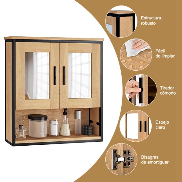 Eugad Badezimmerschrank mit 2 Türen und Spiegel Eiche hell 56 x 13 x 60 cm