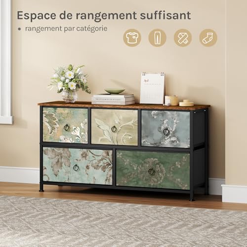 WOLTU Schubladenschrank Vintage Floral Motif - Aufbewahrungsschrank mit 5 Stoffschubladen und Metallrahmen - 100 x 30 x 54 cm