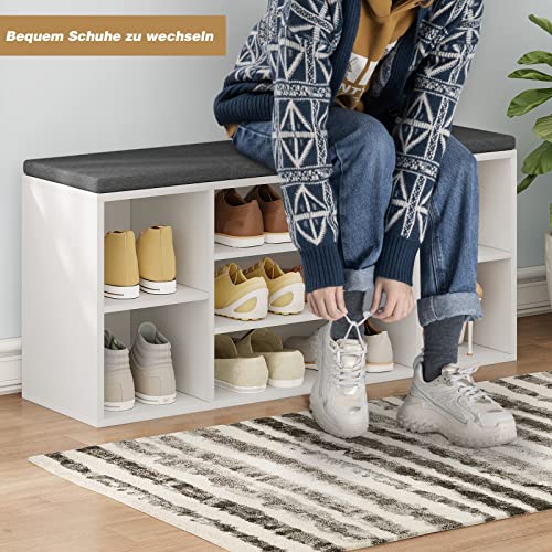 Woltu Schuhbank mit 7 Fächern - Holzschuhregal mit Sitz und Kissen - Weiß mit Grau - 103,5 x 48 x 30 cm