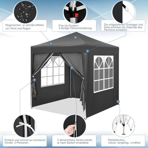Woltu Faltpavillon 2 x 2 m mit 6 Seitenwänden - wasserabweisend, UV-Schutz 50+, höhenverstellbar, anthrazit
