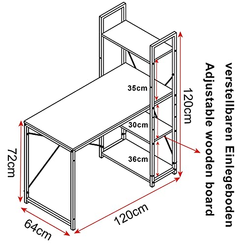Woltu Computertisch Eiche hell + weiß mit 4 Ablagefächern - Geräumiger Arbeitsplatz 120x64 cm