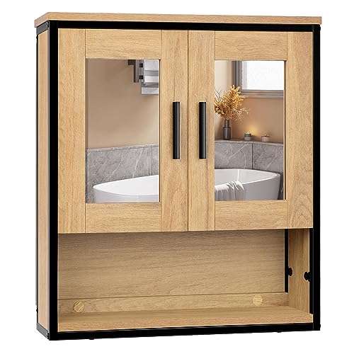 Eugad Badezimmerschrank mit 2 Türen und Spiegel Eiche hell 56 x 13 x 60 cm