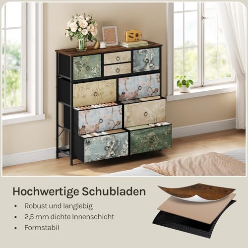 Woltu Kommode mit 10 Schubladen Vintage-Blumenmotiv - Braun - 100 x 100 x 30 cm