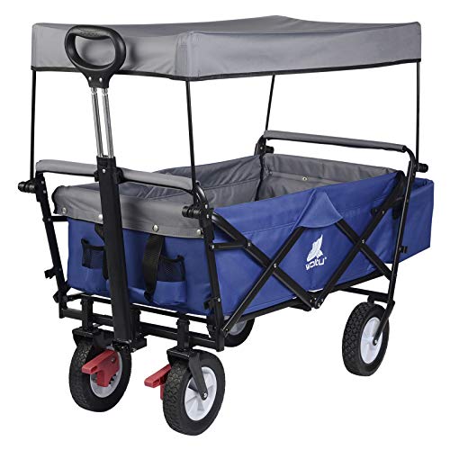 Woltu Transportwagen klappbar - Stabiler Stahlrahmen Blau - 80 kg Tragkraft, mit Bremse und abnehmbarer Sonnenblende - 4 Schwenkräder 100x50x90 cm