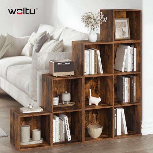 Woltu Bücherregal mit 10 Fächern - Raumteiler und Treppe - Rustikales Braun - 120 x 120 x 30 cm