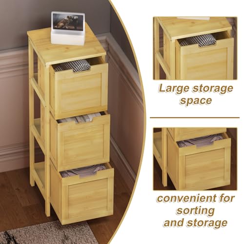 Eugad Schmaler Badezimmerschrank mit 3 Auszügen - Bambus Natur - 30 x 90 x 30 cm