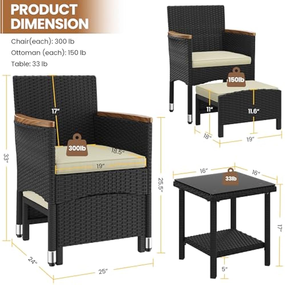 Yaheetech 5-teiliges Lounge Set Schwarz/Beige - PE Rattan - Stuhl 62 x 61,5 x 84,5 cm - Mit Tisch und Fußhockern