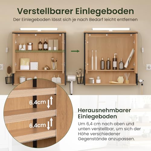 Eugad Badezimmerschrank mit Spiegel und Beleuchtung Schwarz Hell Eiche 70x70x14,5 cm