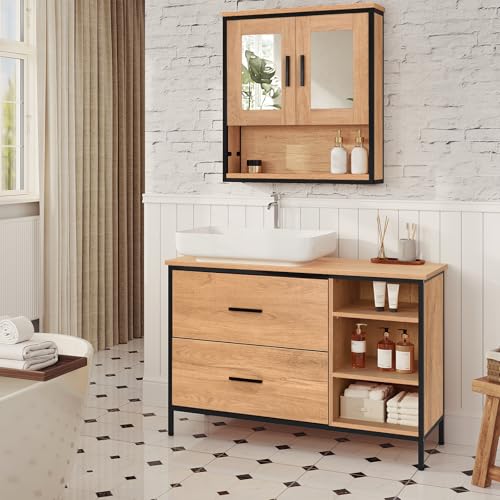 Eugad Badezimmerschrank mit 2 Schubladen und 3 offenen Fächern Eiche hell - Schwarz 90 x 30 x 60 cm