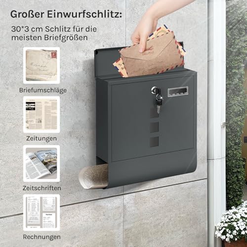 Woltu Briefkasten mit Zeitungsablage - Anthrazit - 10 x 30,8 x 33,8 cm